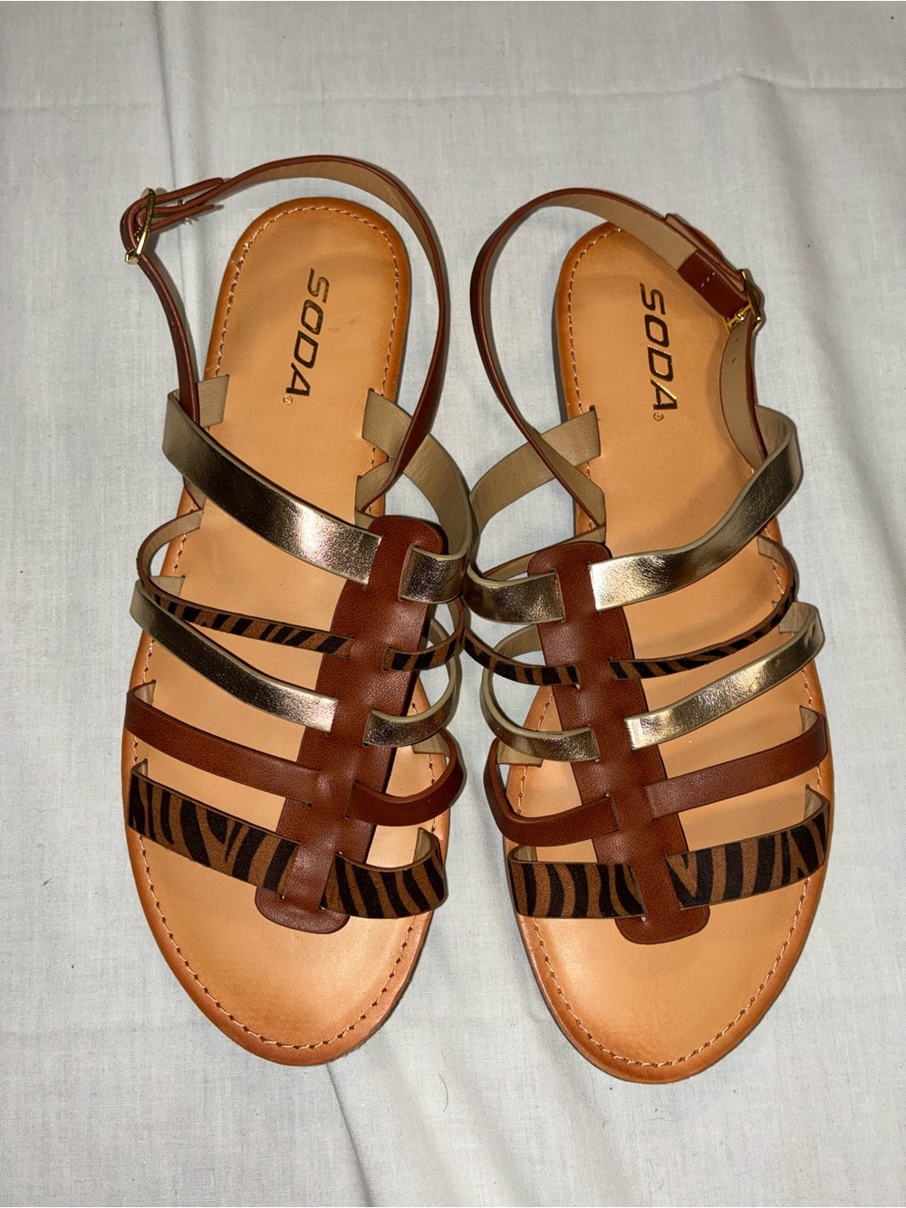 SODA Brown & Gold Multi-Strap Zebra Accent Sandals Adjustable Ankle Strap